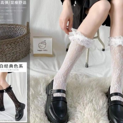 女夏中筒lolita白色蕾丝小腿袜 洛丽塔白丝袜jk花边日系ins白袜子图2