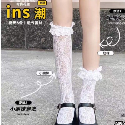 女夏中筒lolita白色蕾丝小腿袜 洛丽塔白丝袜jk花边日系ins白袜子图3