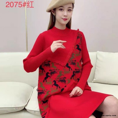 银钻新款毛织连衣裙 加厚加绒打底百搭妈妈衫 中老年刺绣印花连衣裙