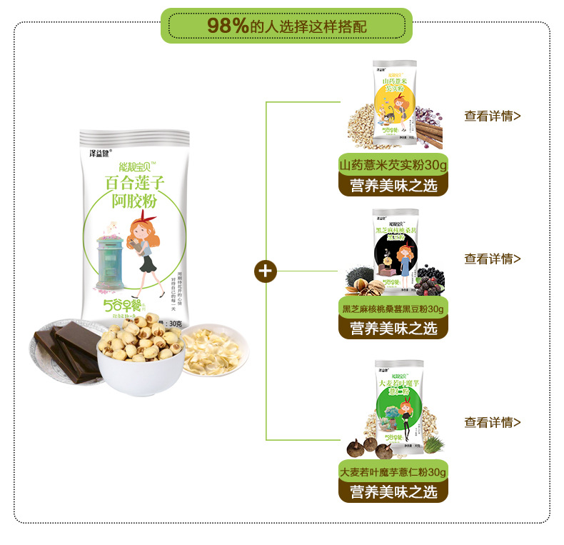 泽益健能靓宝贝五谷代餐粉早餐粉 百合粉 莲子粉 阿胶粉 银耳粉示例图9