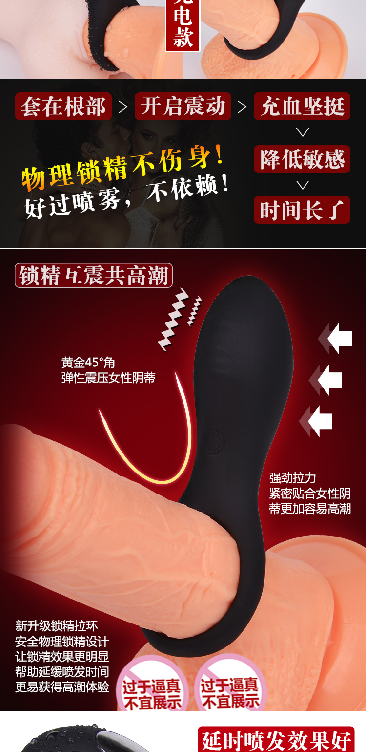 新款多频锁精环 夫妻调情延时震动棒 硅胶静音男用情趣用品示例图2
